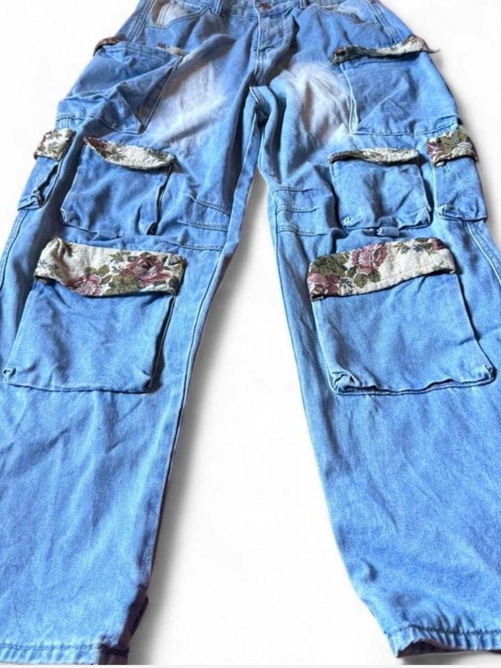 Y2K Style Patchwork Cargo Jeans Floral Pocket Baggy Denim Size L